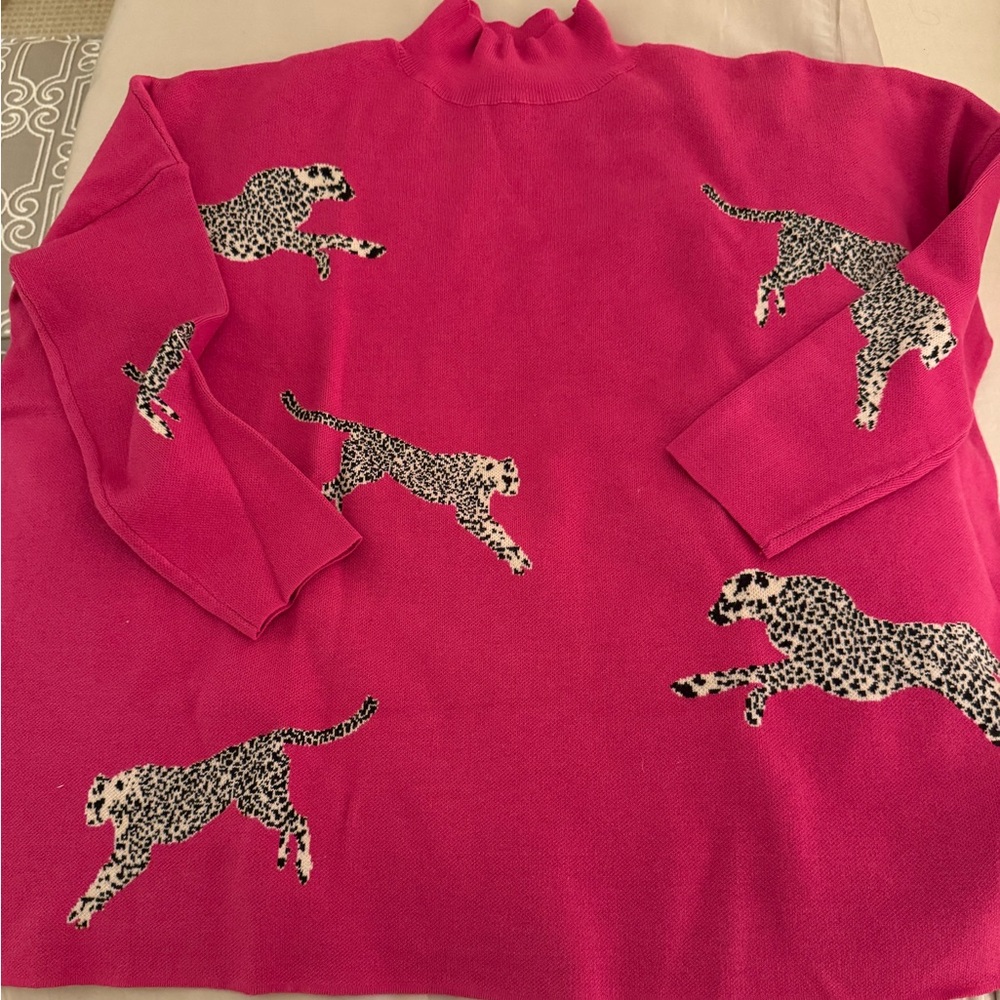 Entro Pink Sweater with Leopard Print, Size Small
